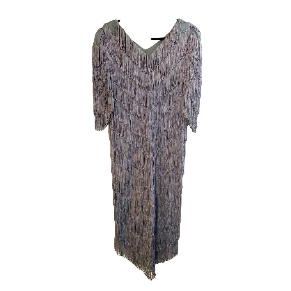 NIGHTWORKS Vintage Dusty Lavender Lilac Fringe Midi Dress 80s Glam - Sz 10